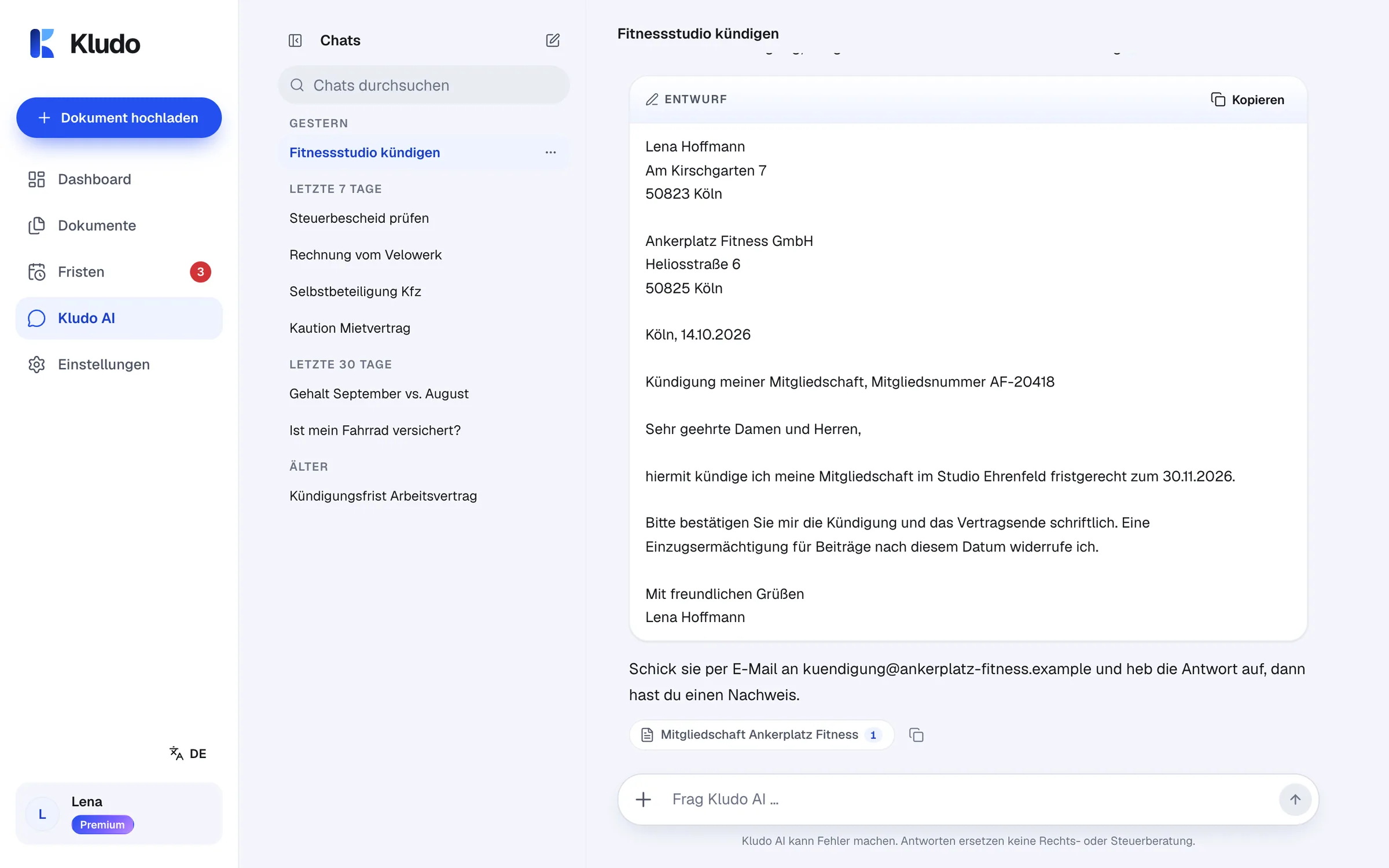 Kludo AI mit Antwort und Quelle