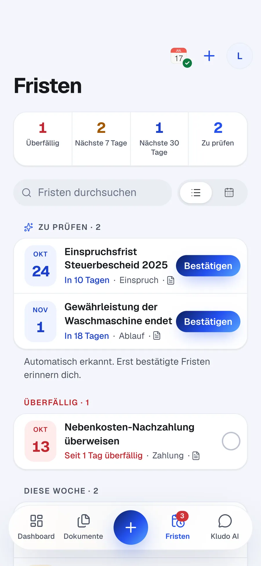 Fristenliste mit Überfällig, Diese Woche und Zu prüfen