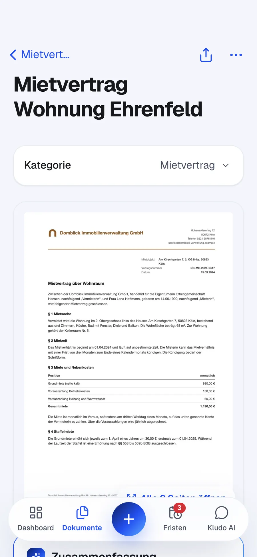 Dokumentseite des Mietvertrags mit Zusammenfassung und Eckdaten